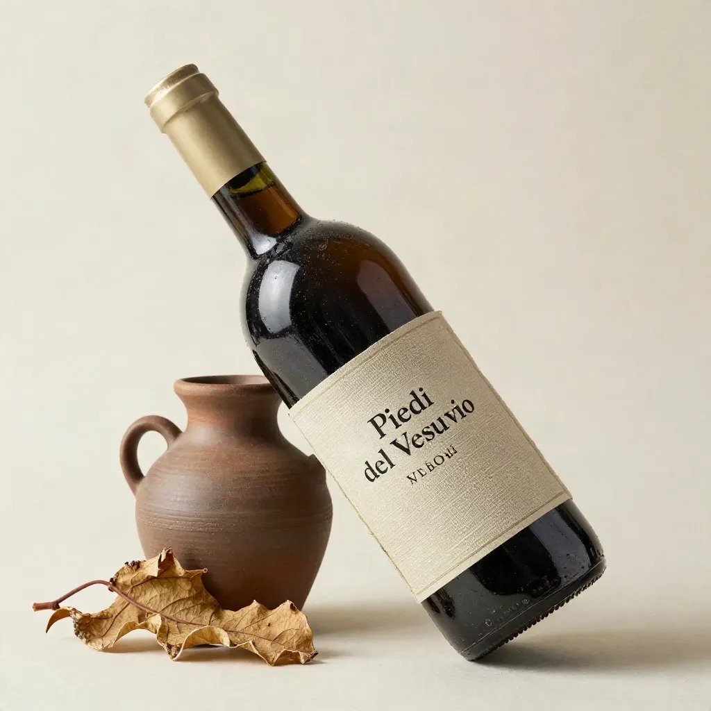 Bottiglia di vino avvolta in stoffa ruvida con brocca di terracotta e foglie di vite secche.