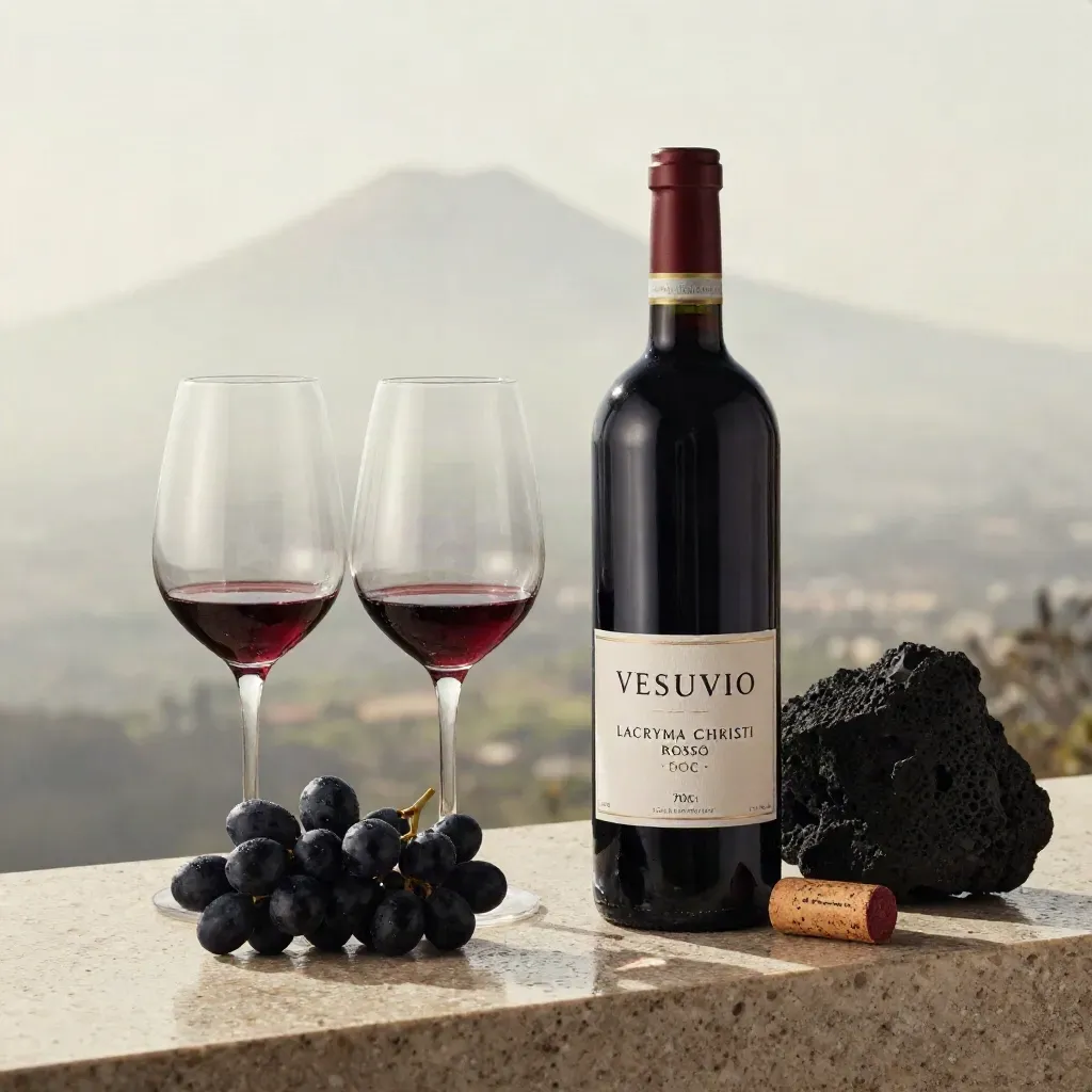 Bottiglia di Lacryma Christi Rosso con calici, uva nera e pietra vulcanica su travertino umido.