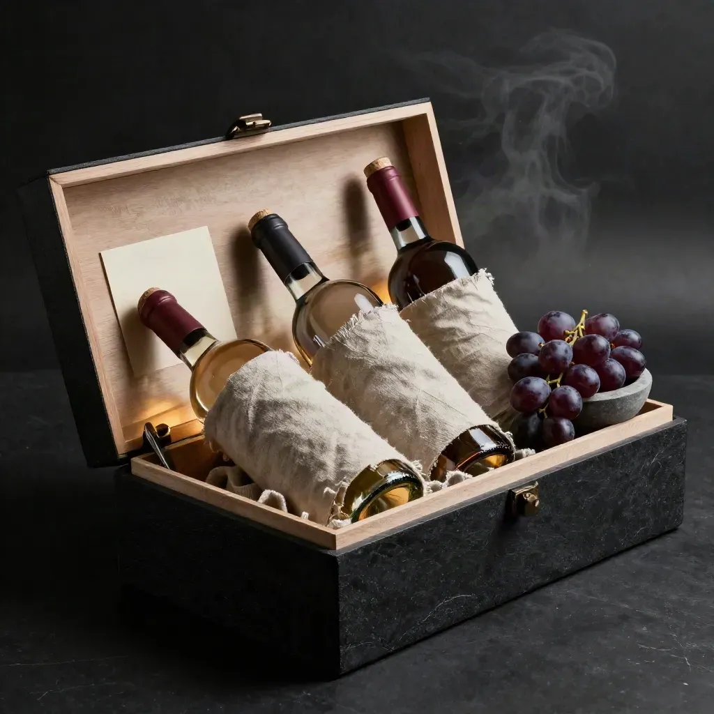 Tre bottiglie di vino in una scatola degustazione aperta con uva scura e lino su fondo nero