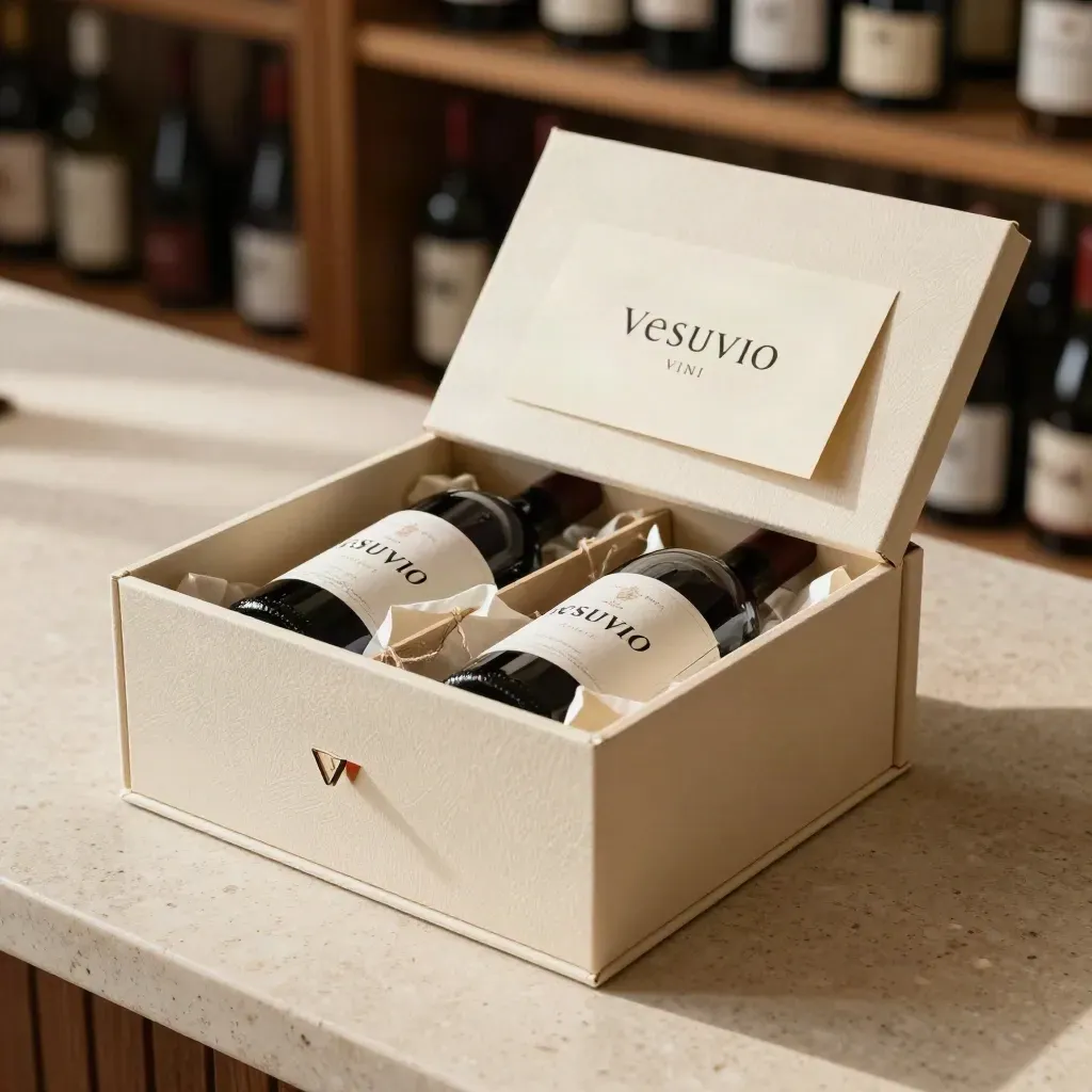 Scatola regalo rigida per due bottiglie, semiaperta su travertino con carta velina e cartoncino.