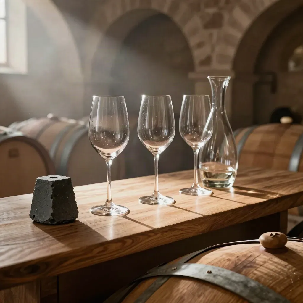 Tre calici da degustazione, decanter e sputacchiera su botte in una cantina fresca.