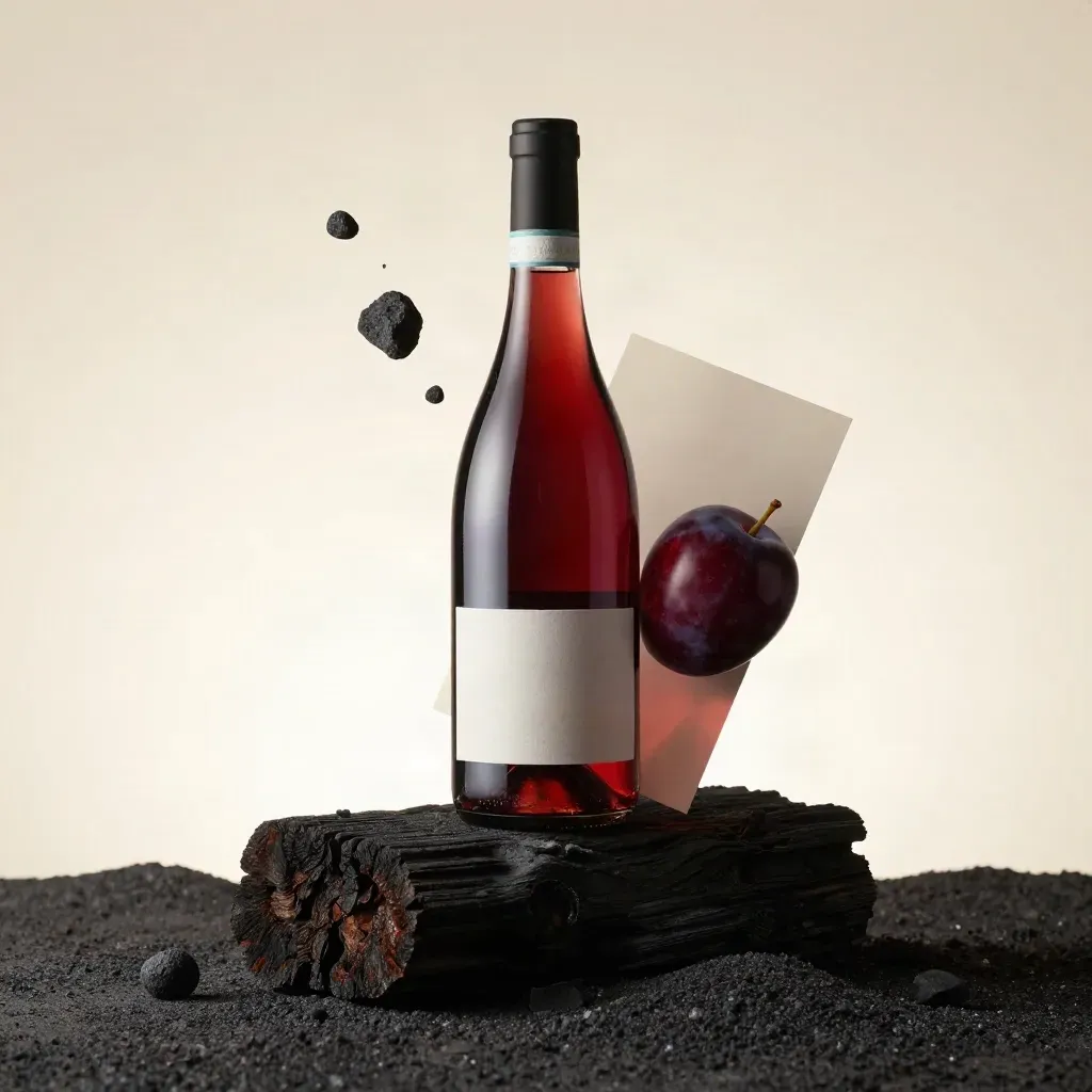 Bottiglia di vino Aglianico con basalto, legno carbonizzato e prugna scura in atmosfera fumosa.