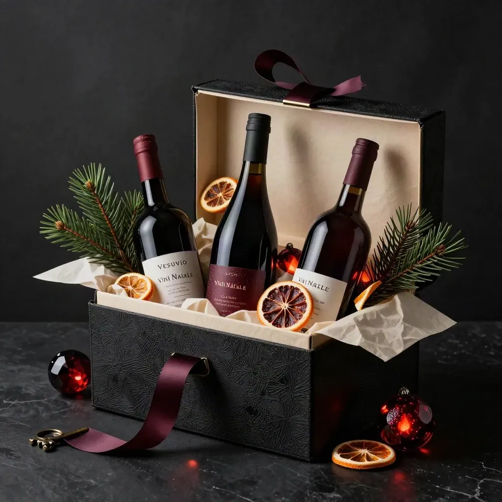 Scatola regalo natalizia con tre bottiglie di vino, nastro, arancia secca e pino su fondo scuro.