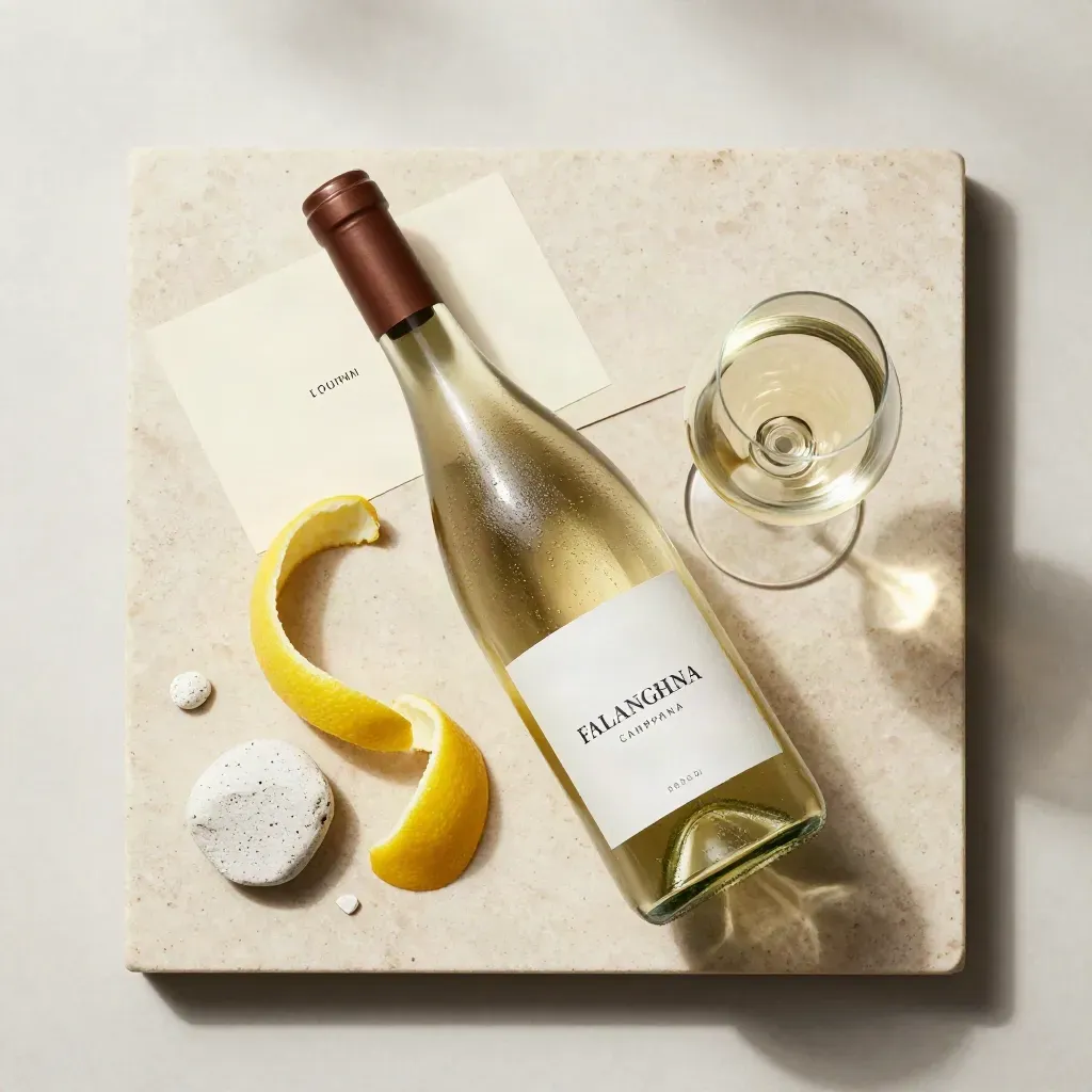 Bottiglia di Falanghina Campana con scorze di limone, pietra chiara e calice freddo dall'alto.