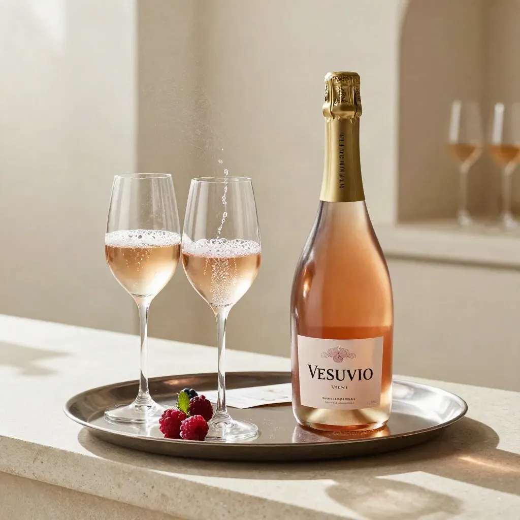 Bottiglia di spumante rosé con due flute, frutti di bosco e vassoio metallico riflettente.
