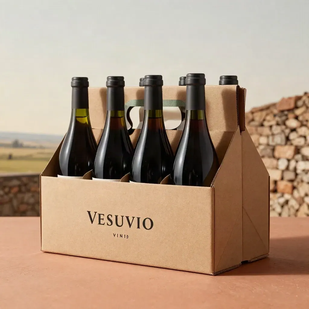 Cassa aperta da sei bottiglie miste, carta kraft e luce morbida in stile premium.