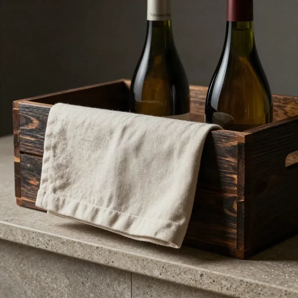 Casse di vino da ristorazione con bottiglie, tela piegata e pietra chiara in luce drammatica