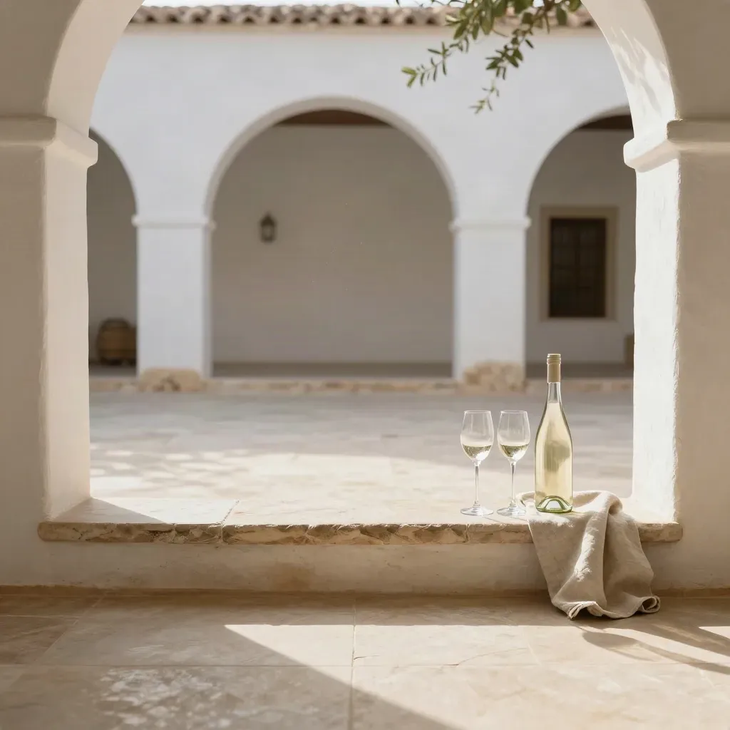 Cortile mediterraneo luminoso con archi bianchi, pietra chiara e vino bianco in alto