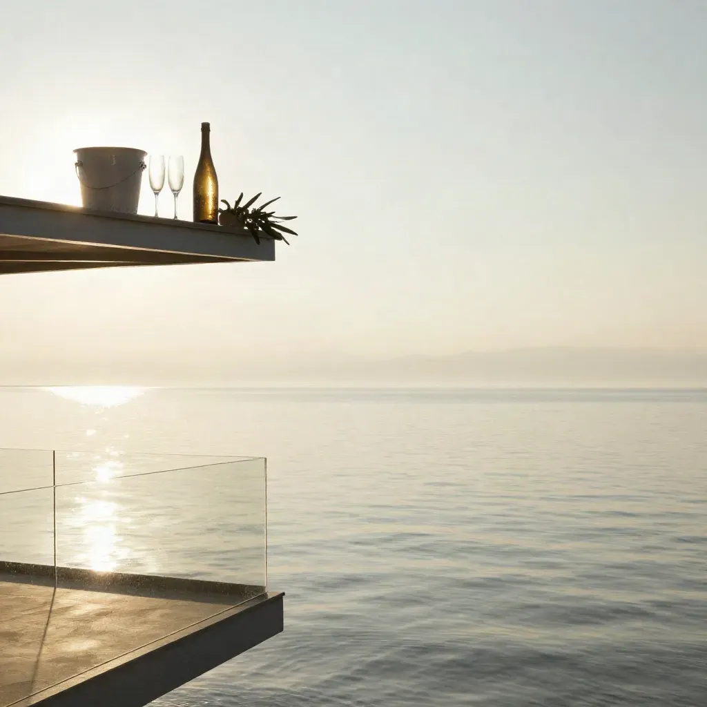 Terrazza sul lago al tramonto con calici da bollicine, acqua riflettente e cielo dorato.