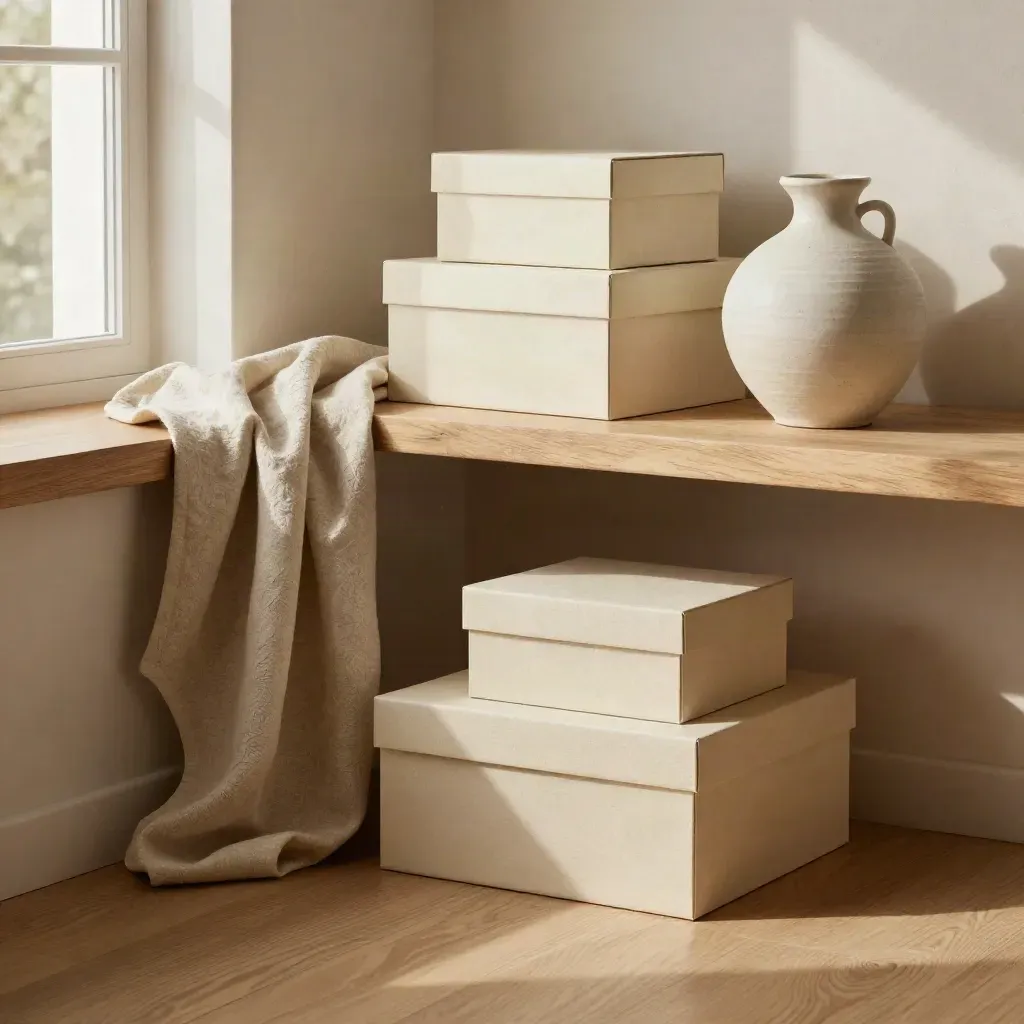 Scatole regalo pale su mensola in rovere, drappo di lino e vaso ceramico in luce morbida.